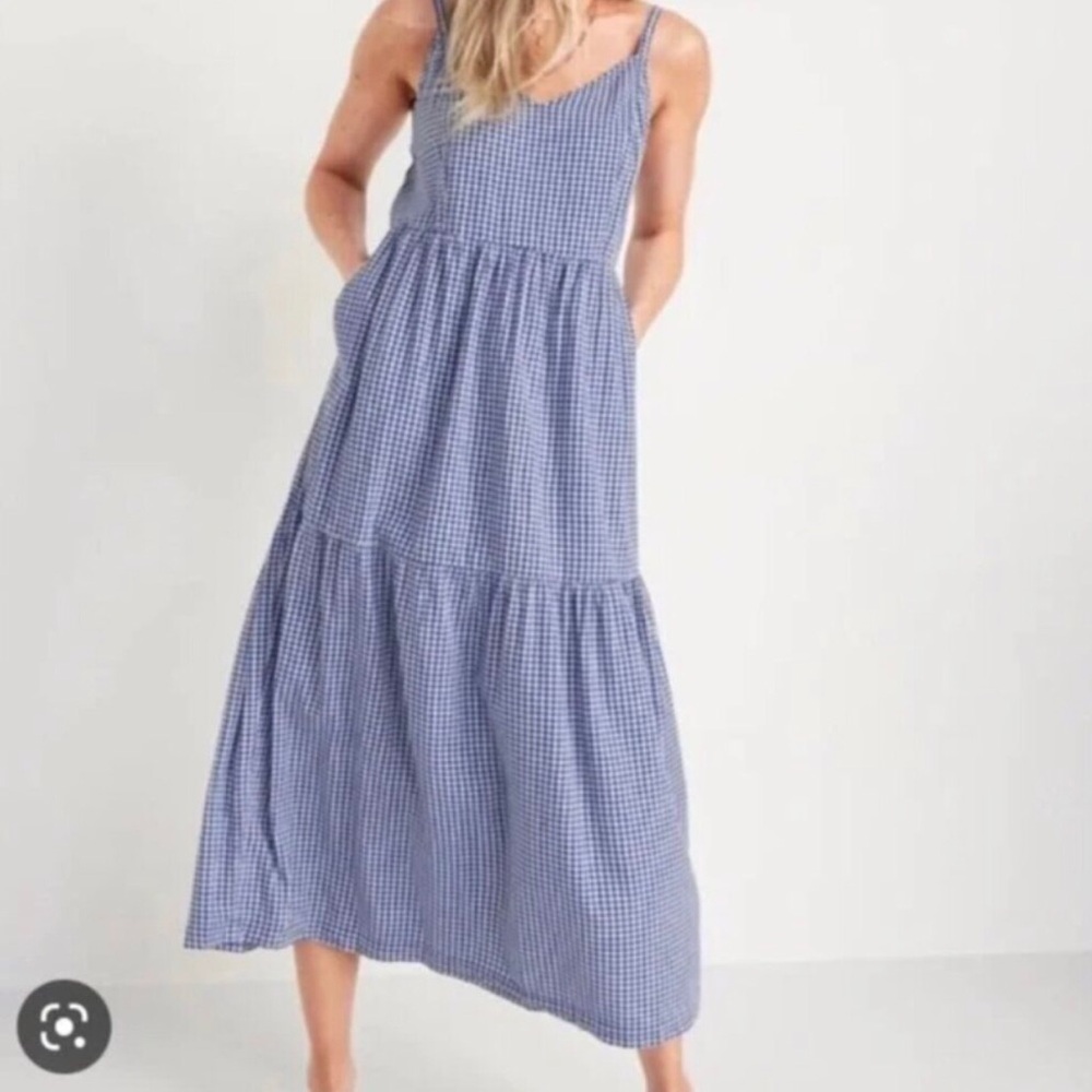 Old Navy Blue  Gingham Maxi Dress Pockets XS Tall